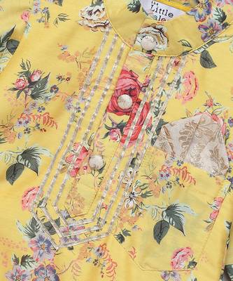 Mustard yellow printed cotton silk Men Kurta Set 5