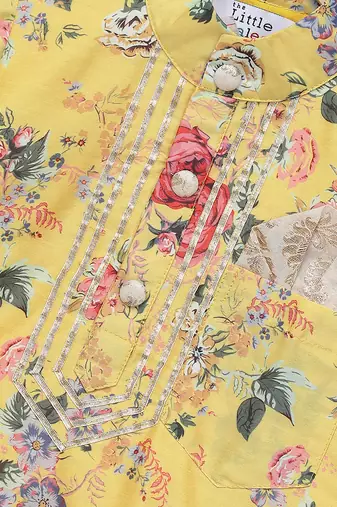 Mustard yellow printed cotton silk Men Kurta Set
