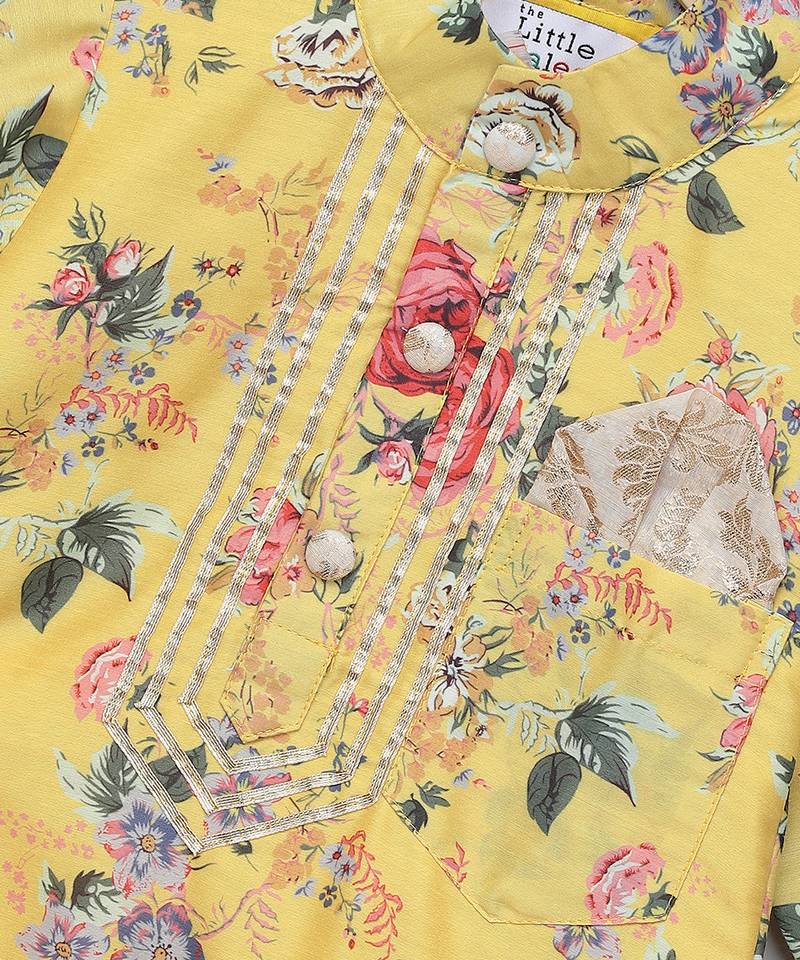 Mustard yellow printed cotton silk Men Kurta Set