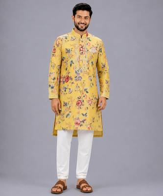Mustard yellow printed cotton silk Men Kurta Set 8