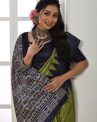 green ethnic motifs woven design tussar saree 2