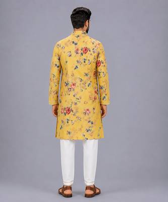 Mustard yellow printed cotton silk Men Kurta Set 9
