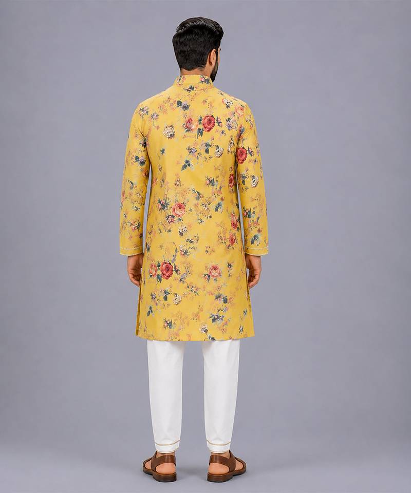 Mustard yellow printed cotton silk Men Kurta Set