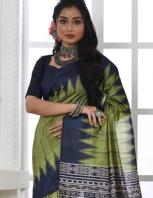 green ethnic motifs woven design tussar saree 3