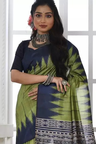green ethnic motifs woven design tussar saree