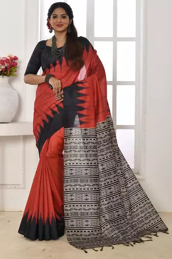 red tussar silk saree