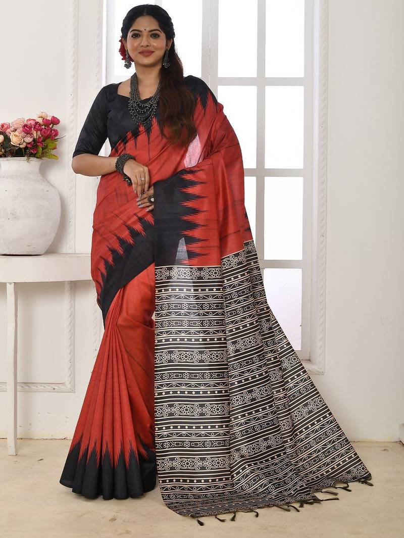 red tussar silk saree
