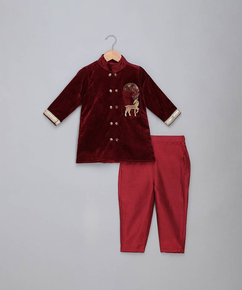 Maroon embroidered velvet Men Bandhgala and Pant