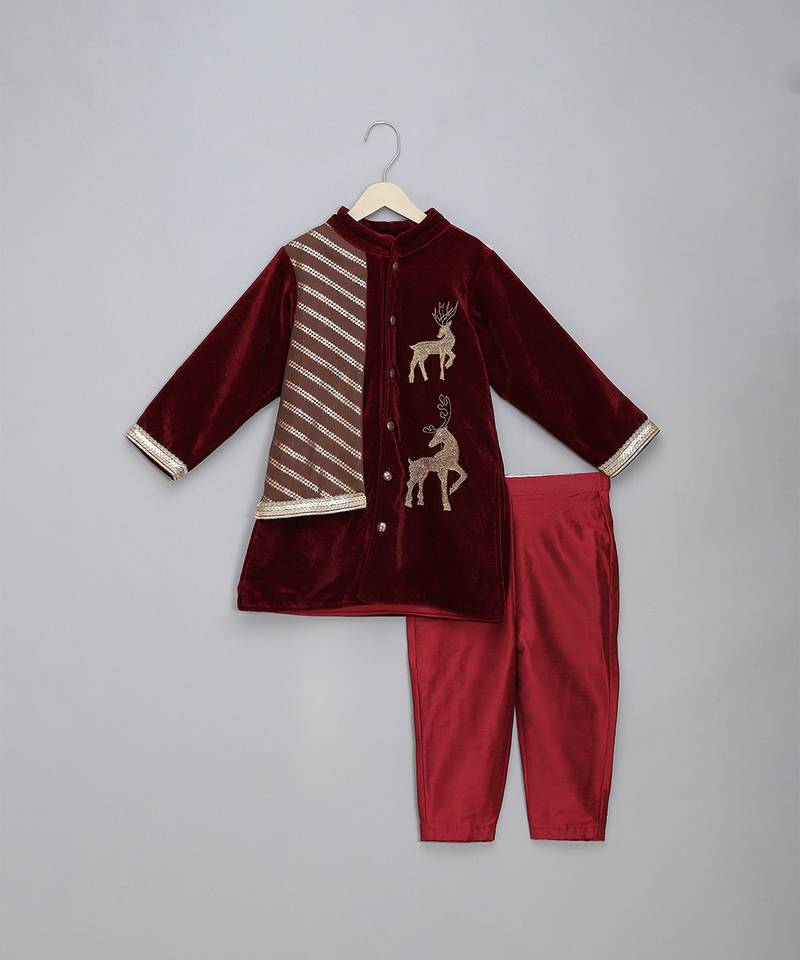 Maroon deer embroidered velvet Men Bandhgala and Pant
