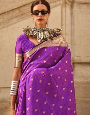 purple purple & gold ethnic motifs woven design zari banarasi saree 1