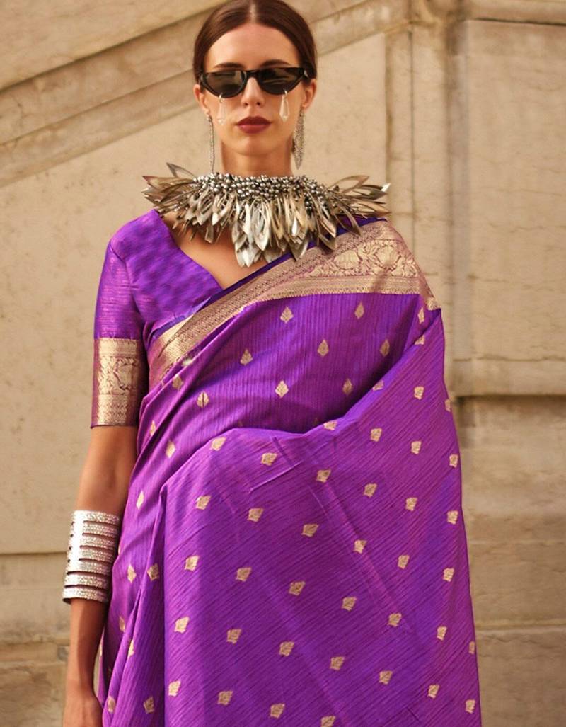 purple purple & gold ethnic motifs woven design zari banarasi saree