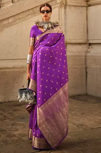 purple purple & gold ethnic motifs woven design zari banarasi saree