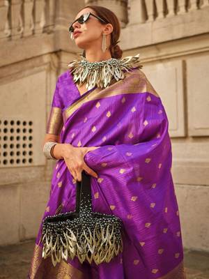 purple purple & gold ethnic motifs woven design zari banarasi saree 3