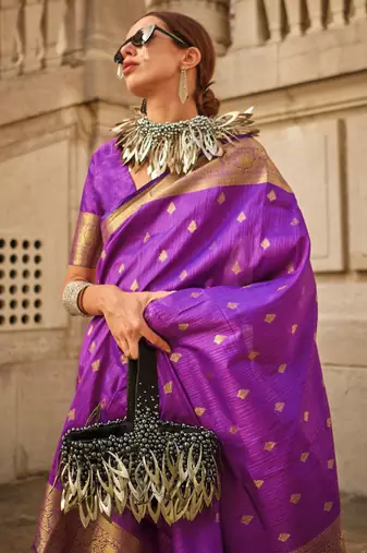 purple purple & gold ethnic motifs woven design zari banarasi saree
