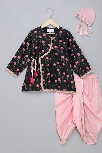 Black floral printed cotton silk Men Kurta Set