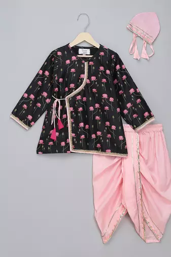Black floral printed cotton silk Men Kurta Set