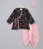 Black floral printed cotton silk Men Kurta Set