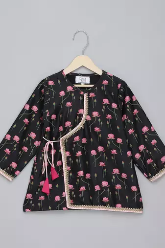 Black floral printed cotton silk Men Kurta Set
