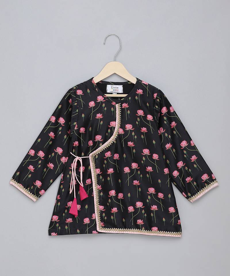 Black floral printed cotton silk Men Kurta Set