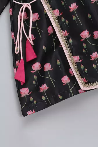Black floral printed cotton silk Men Kurta Set