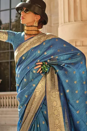 blue blue & gold-toned ethnic motif woven design zari banarasi saree