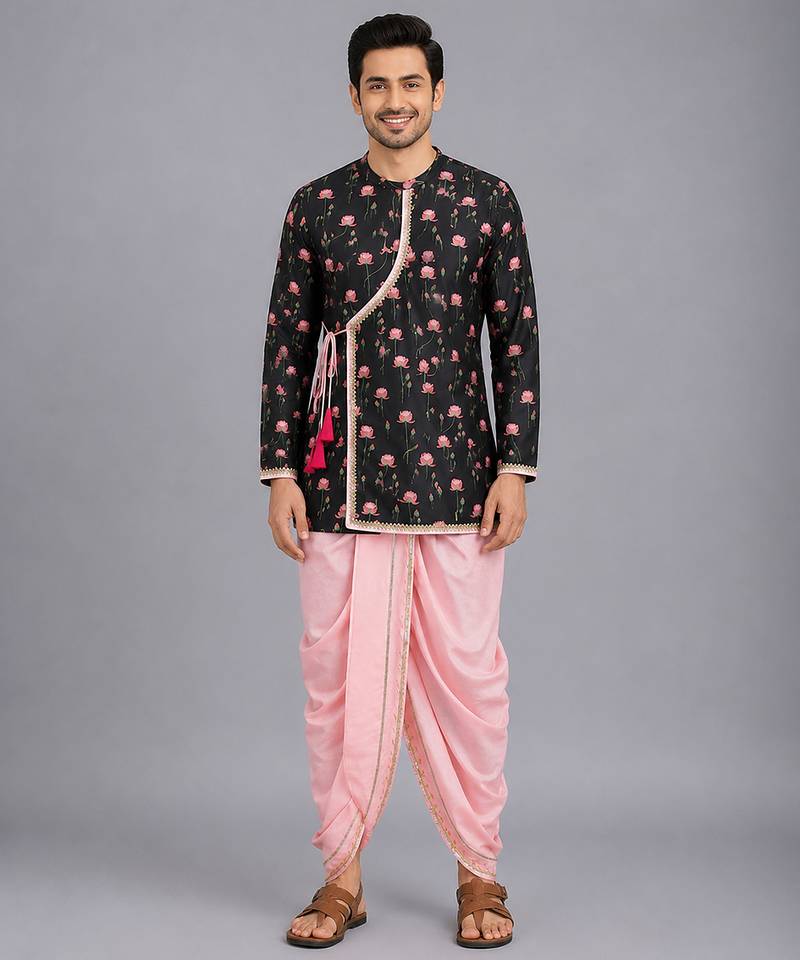 Black floral printed cotton silk Men Kurta Set