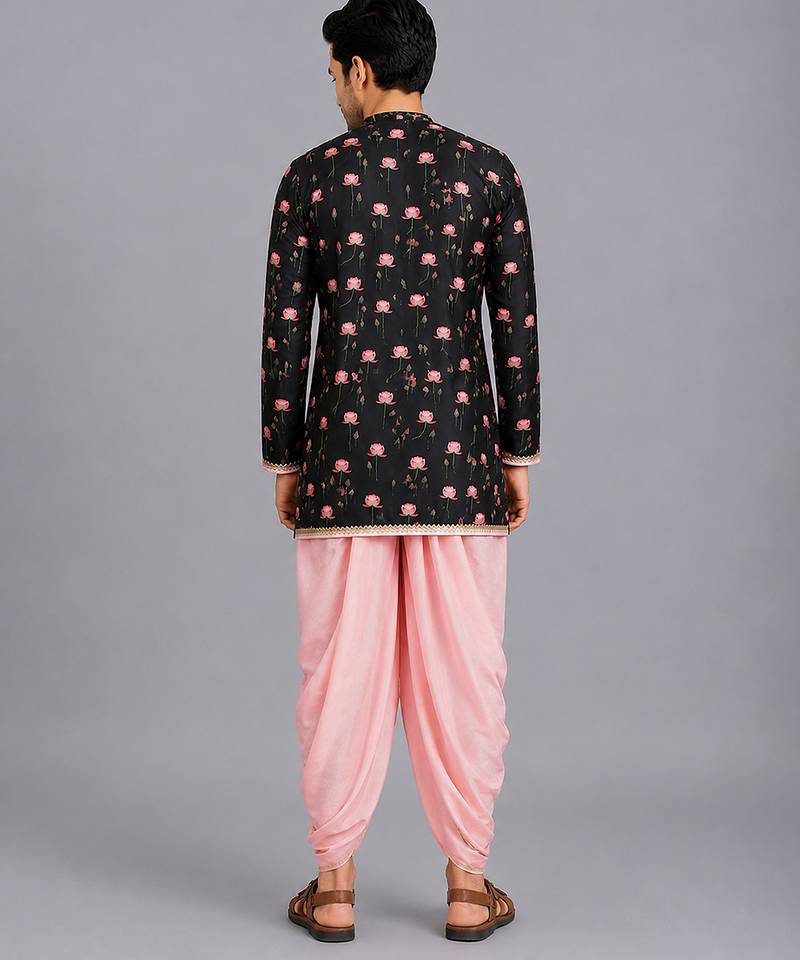 Black floral printed cotton silk Men Kurta Set