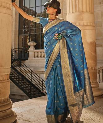 blue blue & gold-toned ethnic motif woven design zari banarasi saree 2