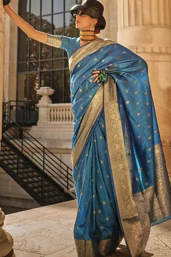 blue blue & gold-toned ethnic motif woven design zari banarasi saree