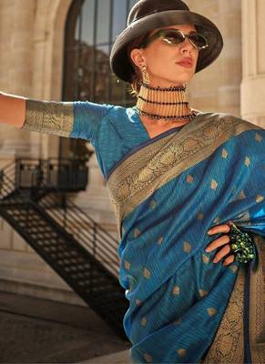 blue blue & gold-toned ethnic motif woven design zari banarasi saree 3