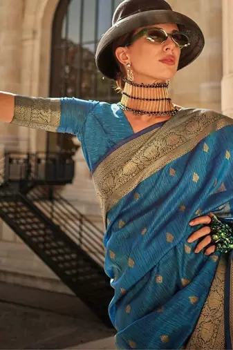 blue blue & gold-toned ethnic motif woven design zari banarasi saree
