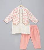 Off white floral printed cotton silk Men Kurta Set