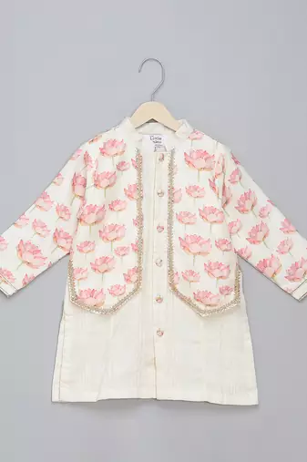 Off white floral printed cotton silk Men Kurta Set