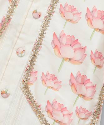 Off white floral printed cotton silk Men Kurta Set 5
