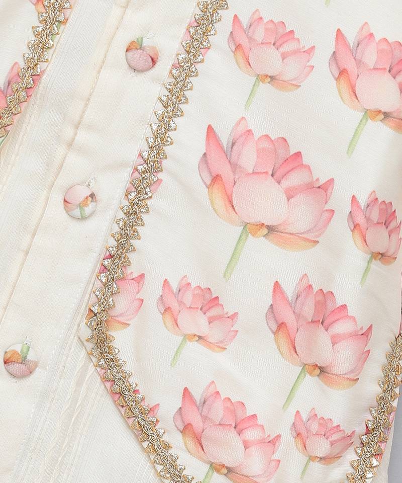 Off white floral printed cotton silk Men Kurta Set