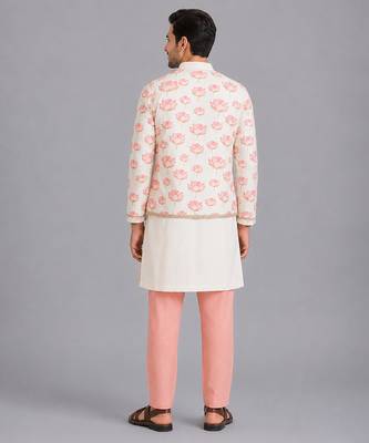 Off white floral printed cotton silk Men Kurta Set 8