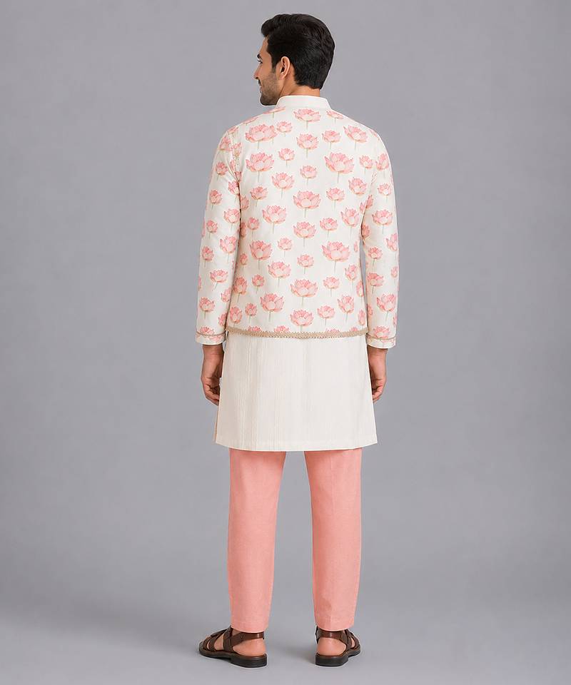 Off white floral printed cotton silk Men Kurta Set