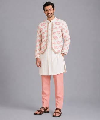 Off white floral printed cotton silk Men Kurta Set 9
