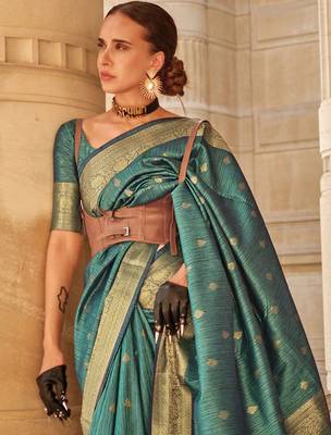 teal teal & gold-toned ethnic motifs woven design zari banarasi saree 1