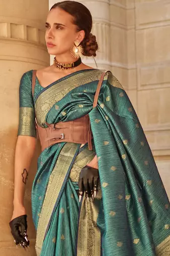 teal teal & gold-toned ethnic motifs woven design zari banarasi saree