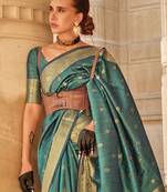 teal teal & gold-toned ethnic motifs woven design zari banarasi saree