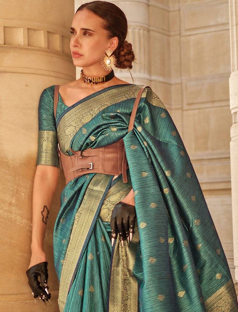 teal teal & gold-toned ethnic motifs woven design zari banarasi saree