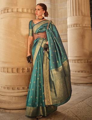 teal teal & gold-toned ethnic motifs woven design zari banarasi saree 2