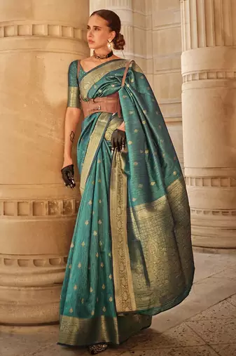 teal teal & gold-toned ethnic motifs woven design zari banarasi saree