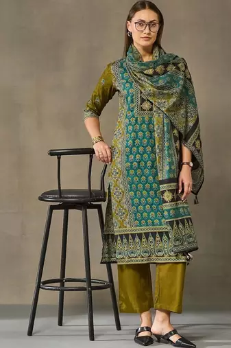 women ethnic motifs printed regular cotton kurta with trousers & with dupatta