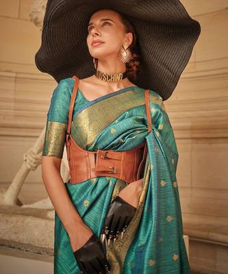 teal teal & gold-toned ethnic motifs woven design zari banarasi saree 3