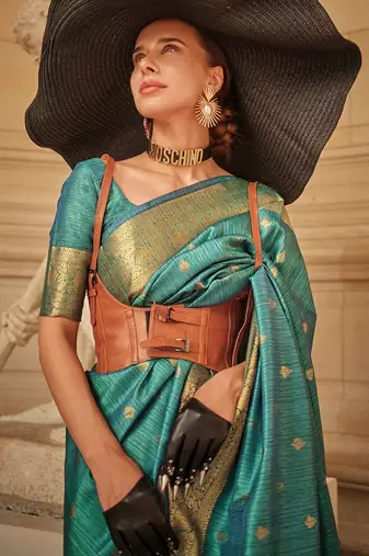 teal teal & gold-toned ethnic motifs woven design zari banarasi saree