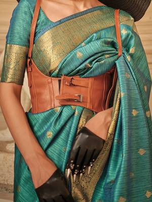 teal teal & gold-toned ethnic motifs woven design zari banarasi saree 4
