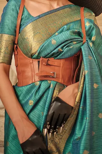 teal teal & gold-toned ethnic motifs woven design zari banarasi saree