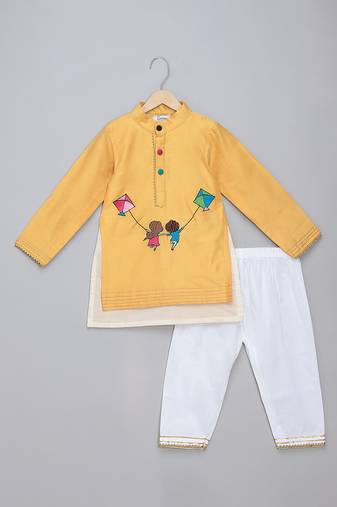 Mustard yellow kite printed cotton silk Men Kurta Set